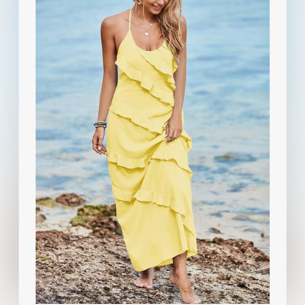 NWT GORGEOUS YELLOW CHIFFON RUFFLE HALTER MAXI DRESS-S